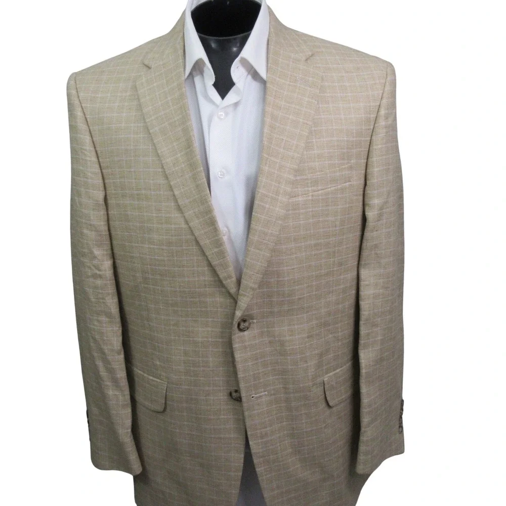 Jos A Bank Mens Sport Coat 43L Tan Windowpane‎ Check Linen Cotton Blazer